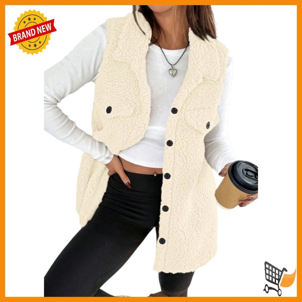 Womens Sherpa Fleece Sleeveless Button Vest Cozy Outerwear
